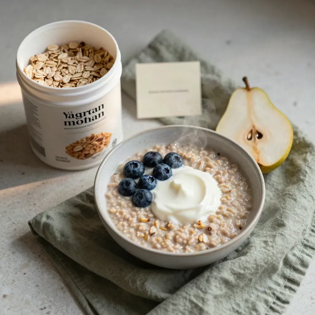 Fiocchi d’avena bio con porridge, yogurt, mirtilli e pera su fondo chiaro.