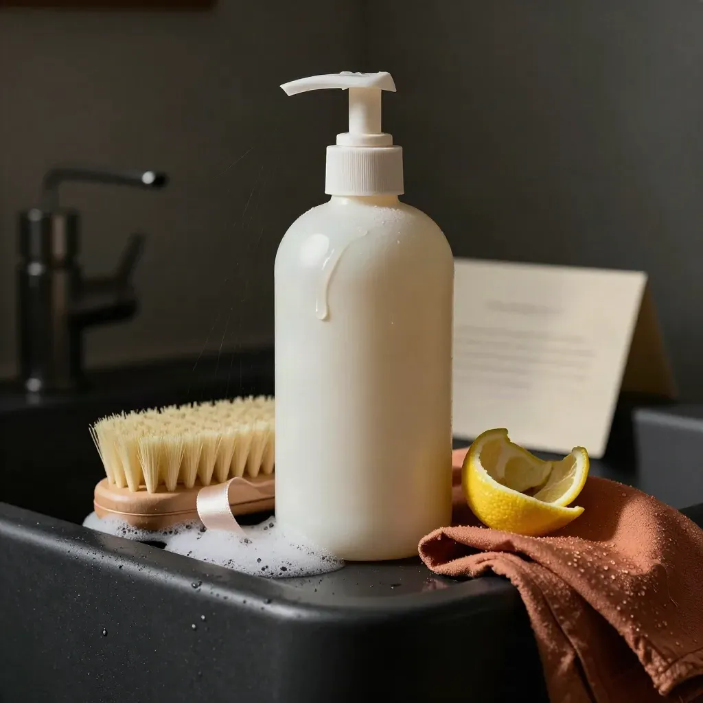Flacone eco per piatti vicino al lavello con spazzola, scorza di limone e schiuma delicata.