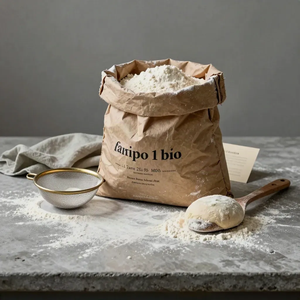 Sacco di farina bio con setaccio, cucchiaio di legno e impasto su piano infarinato.