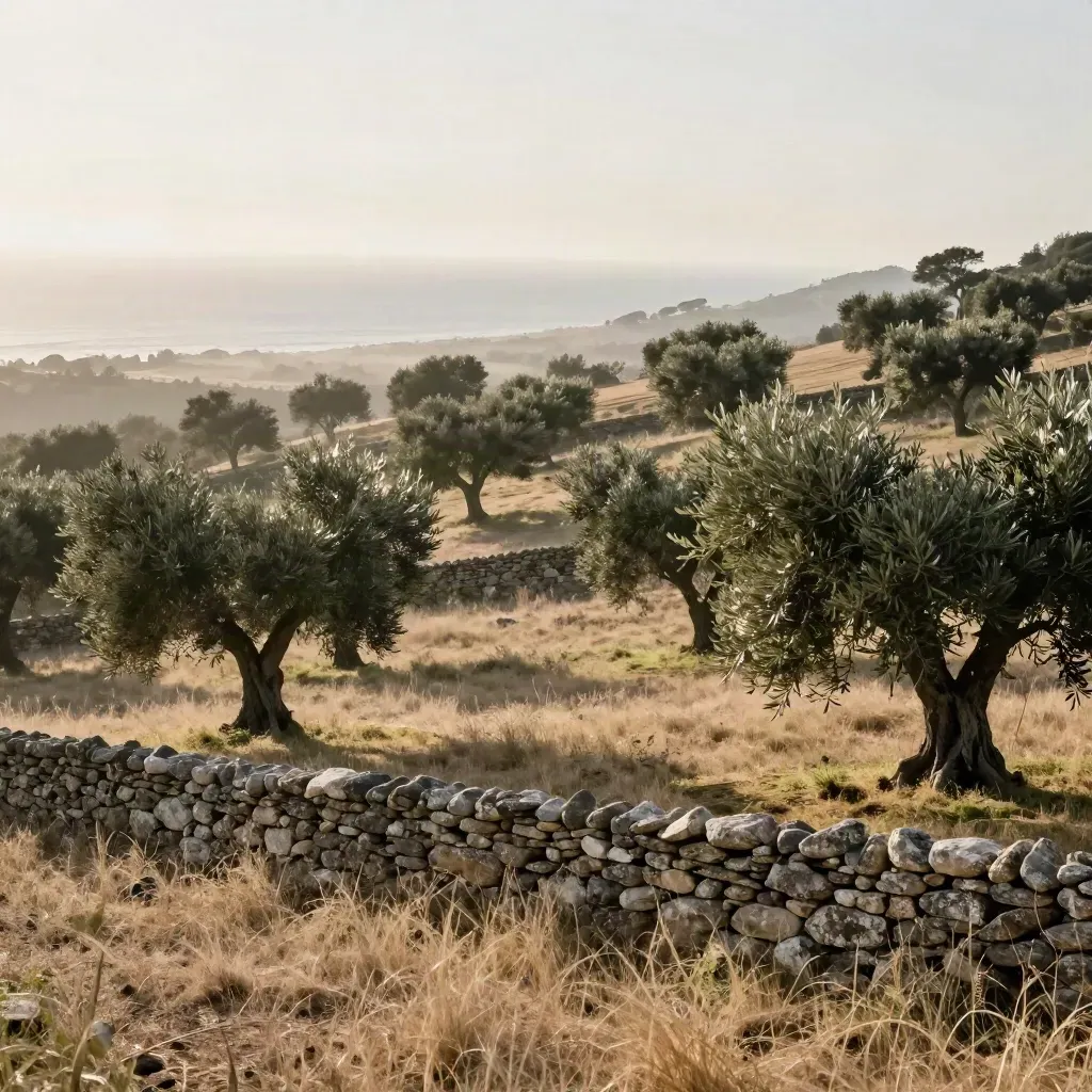 Colline con uliveto, muretto a secco e mare lontano nella foschia